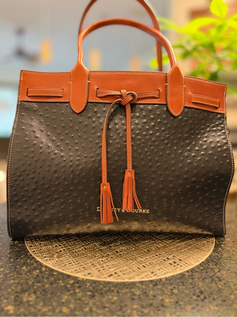 Dooney & Bourke Black and Brown Two-Tone Ostrich-Texture Tote
